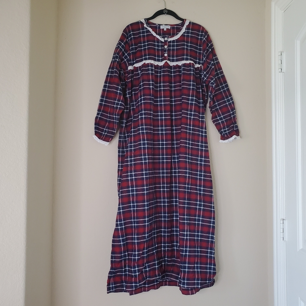 Cuddledown Women Nightgown Size L Plaid Flannel Lace Trim  Red Blue Pima Cotton